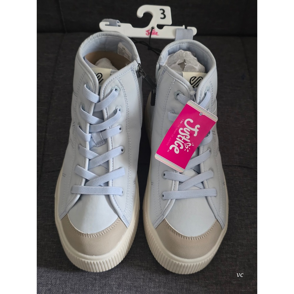 itle
NWT Justice Girls Light Blue High Top Sneakers Size 3 Side Zip - Picture 2 of 7